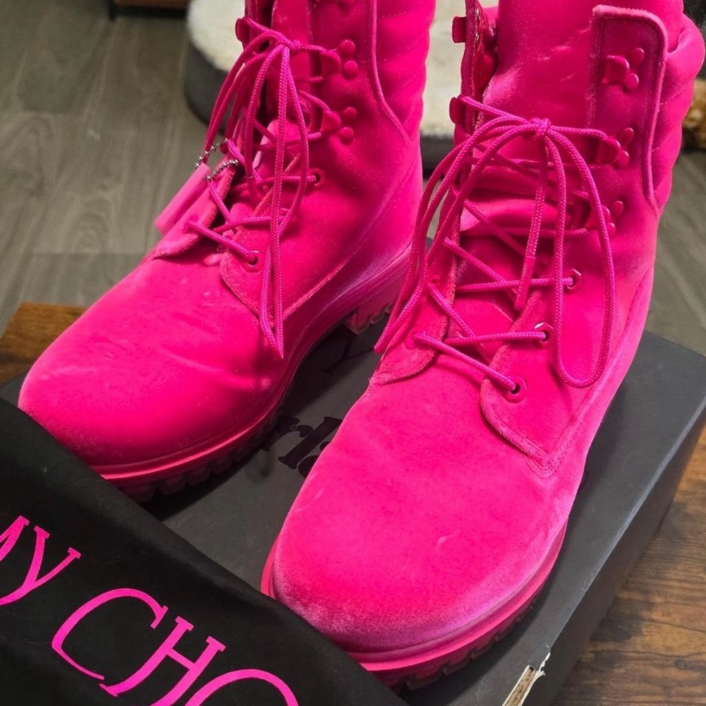Timberland X Jimmy Choo Hot Pink Lace-Up Suede Boots
